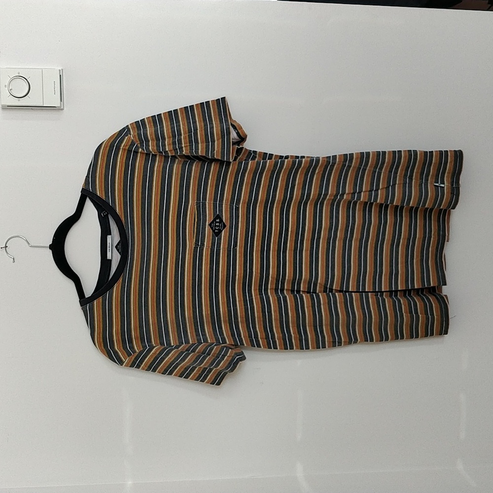Medium TCSS T-shirt.  Striped black, yellow & red